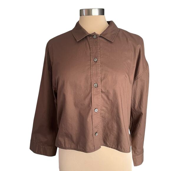 Everlane Boxy Long Sleeve Button Down Shirt Women S Brown The Woven Pajama Top - Picture 2 of 8